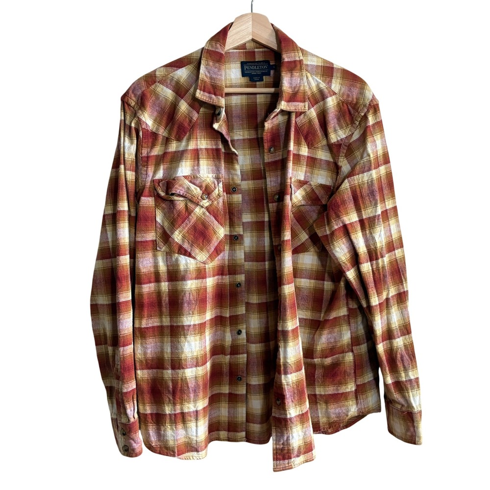 Pendleton Plaid Pearl Snap Western Shirt L Orange Tan Mens Cotton Flannel
